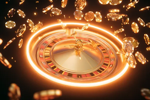 A glowing roulette wheel with cascading chips, symbolizing the engaging live and instant-win games available on PHCHARMS.